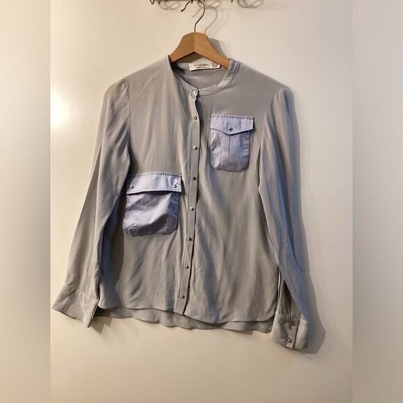 Altuzarra Silk Light Blue Button-Down Blouse Front Pockets Size 6 - Picture 2 of 11